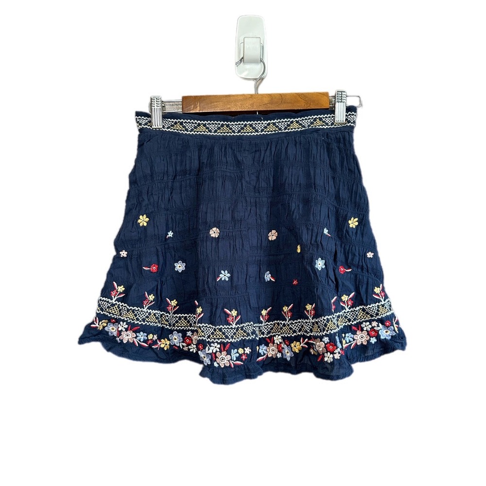 Blue Rain Mini Skirt‎ Women Size S Navy Blue Excellent Embroidered Floral Boho